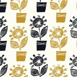 Block Print Flowers - natural/graphite/mustard