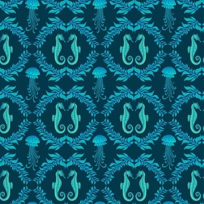  Jellyfish and Seahorse damsk style seamless pattern.