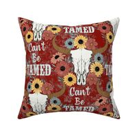 Large Scale Can't Be Tamed Western Longhorn Bull Skull and Flowers on Deep Red