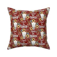 Medium Scale Can't Be Tamed Western Longhorn Bull Skull and Flowers on Deep Red
