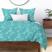 medium - Sping is leaves and cats and birds - white on Verdigris Blue