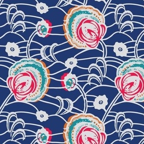 African Wax Print Flowers in Blue and White