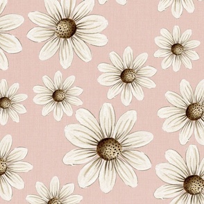 large // daisy field, retro floral, watercolor, daisies, baby fabric, daisy fabric, muted color, baby girl, earth tones, spring daisies on silver peony