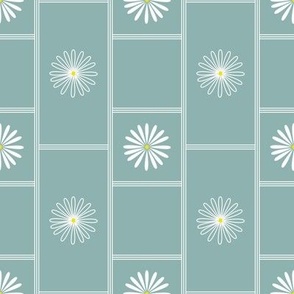 Simple White Daisies  with White Vertical Stripes on Blue Green Teal BackgroundElevate your space with the charming simplicity of our Mustard Yellow Vertical Stripes and White Daisies Wallpaper. This design effortlessly combines the timeless allure of cle