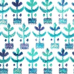 Ikat Botanical Planted Petals  Watercolor Blue on White Small