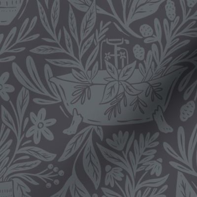 Bathtub full of flowers - floral - dark navy blue and charcoal - medium