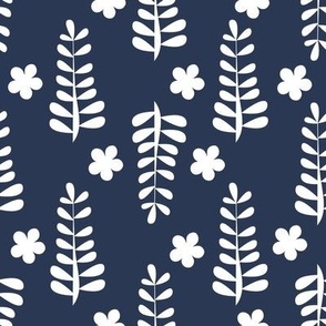 Boho Simple Ferns and Flowers on Dark Blue Minimalist Design 