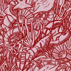 Wall to wall seafood (large scale) -red on pink - hand drawn maximalism 