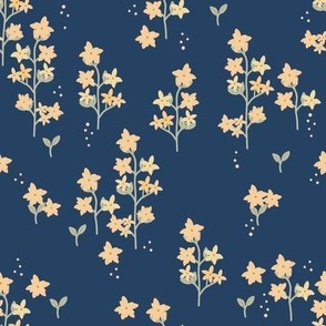 Boho Garden Wildflowers with Peach Blossoms on Midnight Dark Blue Fabric