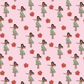 Little hula girl - Hawaii dance and hibiscus design tropical summer print red green mint on pink