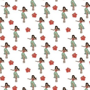 Little hula girl - Hawaii dance and hibiscus design tropical summer print red mint on white traditional vintage colors