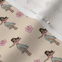 Little hula girl - Hawaii dance and hibiscus design tropical summer print pink mint on cream beige