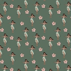 Little hula girl - Hawaii dance and hibiscus design tropical summer print blush mint on camo green vintage palette