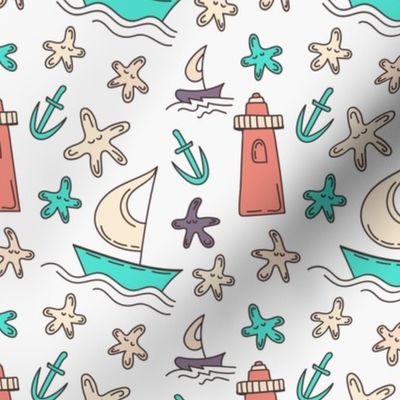 Lighthouse, sailboat and anchor. Marine illustration