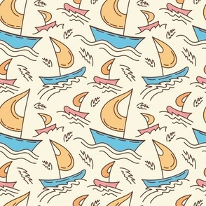 Sailboats on the waves. Nautical  illustration in pastel beige and blue colors