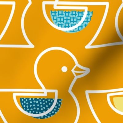 Rubber Duckie- Bathroom Wallpaper- Rubber Duck- Continuous Line Geometric Yellow Ducks- Multicolored Ducks Orange Background- Petal Solids Marigold Coordinate- Extra Large- Jumbo