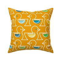 Rubber Duckie- Bathroom Wallpaper- Rubber Duck- Continuous Line Geometric Yellow Ducks- Multicolored Ducks Orange Background- Petal Solids Marigold Coordinate- Large