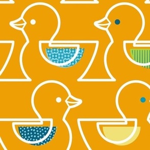 Rubber Duckie- Bathroom Wallpaper- Rubber Duck- Continuous Line Geometric Yellow Ducks- Multicolored Ducks Orange Background- Petal Solids Marigold Coordinate- Large