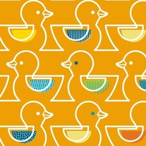 Rubber Duckie- Bathroom Wallpaper- Rubber Duck- Continuous Line Geometric Yellow Ducks- Multicolored Ducks Orange Background- Petal Solids Marigold Coordinate- Medium