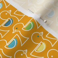 Rubber Duckie- Bathroom Wallpaper- Rubber Duck- Continuous Line Geometric Yellow Ducks- Multicolored Ducks Orange Background- Petal Solids Marigold Coordinate- Small