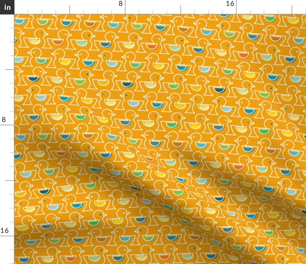 Rubber Duckie- Bathroom Wallpaper- Rubber Duck- Continuous Line Geometric Yellow Ducks- Multicolored Ducks Orange Background- Petal Solids Marigold Coordinate- Small