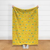 Rubber Duckie- Bathroom Wallpaper- Rubber Duck- Continuous Line Geometric Yellow Ducks- Multicolored Ducks on Bright Yellow Background- Extra Large- Jumbo