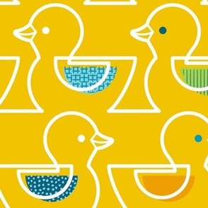 Rubber Duckie- Bathroom Wallpaper- Rubber Duck- Continuous Line Geometric Yellow Ducks- Multicolored Ducks on Bright Yellow Background- Large