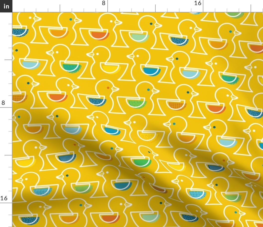 Rubber Duckie- Bathroom Wallpaper- Rubber Duck- Continuous Line Geometric Yellow Ducks- Multicolored Ducks on Bright Yellow Background- Medium