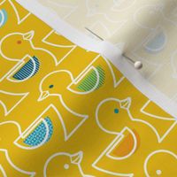 Rubber Duckie- Bathroom Wallpaper- Rubber Duck- Continuous Line Geometric Yellow Ducks- Multicolored Ducks on Bright Yellow Background- Small