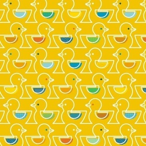Rubber Duckie- Bathroom Wallpaper- Rubber Duck- Continuous Line Geometric Yellow Ducks- Multicolored Ducks on Bright Yellow Background- Small
