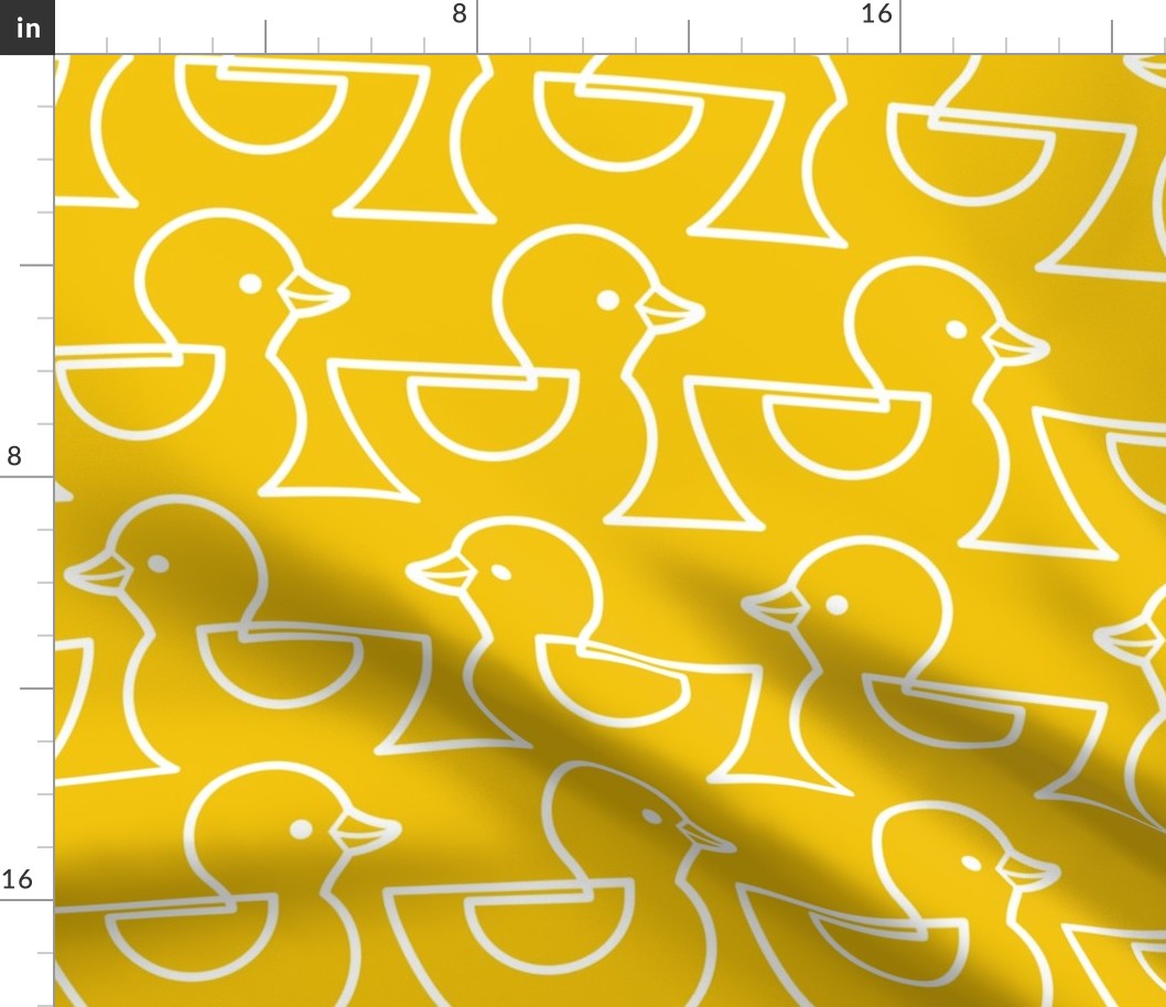 Rubber Duckie- Bathroom Wallpaper- Rubber Duck- Continuous Line Geometric Yellow Ducks- Kidult- White on Bright Golden Yellow Background- Extra Large- Jumbo