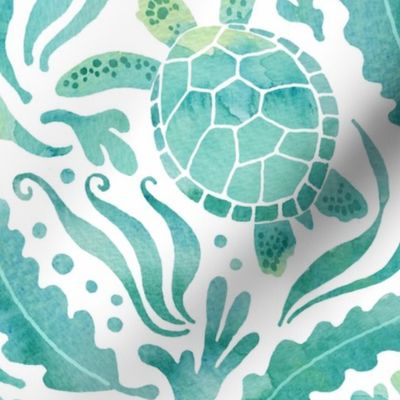 Watercolour turtles and seaweed - aqua green large scale