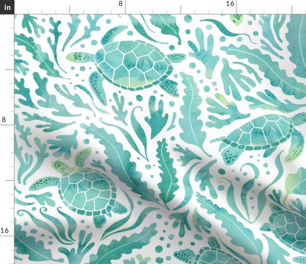 Watercolour turtles and seaweed - aqua green large scale