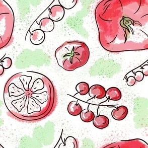 Hand-drawn tomatoes with watercolor spots and line art