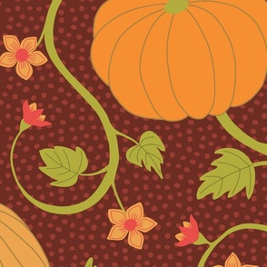 William Morris style fall harvest pumpkin vine in orange and brown / medium