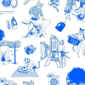 Laundry Day Toile with the Cat Family - Wallpaper Scale