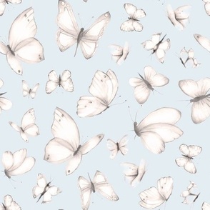 Delicate Butterflies Sketched in Light Greige on Blue