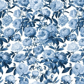 Nostalgic Peonies Monochrome Blue Charming Spring Flowers  Smaller Scale