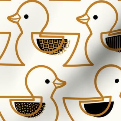 Rubber Duckie- Bathroom Wallpaper- Rubber Duck- Continuous Line Geometric Yellow Ducks- Kidult- Gold and Black on Natural Background- Petal Signature Desert Sun- Large