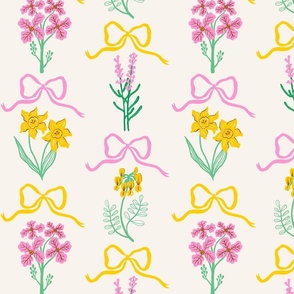 Flower and Bows Pattern / Cute Flowers / Pink and Yellow Flowers and Bows / Feminine Design / Lovely Spring Collection