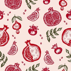 Red Pomegranate Block Print / Linocut Pomegranates / Farmers Market Tote Bag