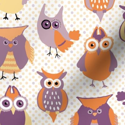 Cute Owls on Polka Dots in Cream, Orange, and Eggplant for Nursery