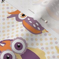 Cute Owls on Polka Dots in Cream, Orange, and Eggplant for Nursery