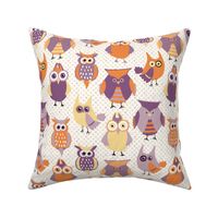 Cute Owls on Polka Dots in Cream, Orange, and Eggplant for Nursery