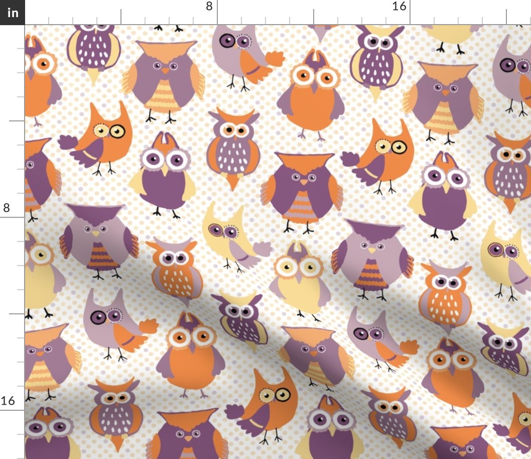 Cute Owls on Polka Dots in Cream, Orange, and Eggplant for Nursery