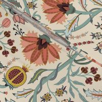 Tree of Life - dining room wallpaper - spring garden fruit and flowers, Indian floral with birds and snake on cream - large