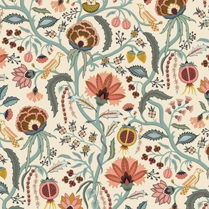 Tree of Life - dining room wallpaper - spring garden fruit and flowers, Indian floral with birds and snake on cream - large