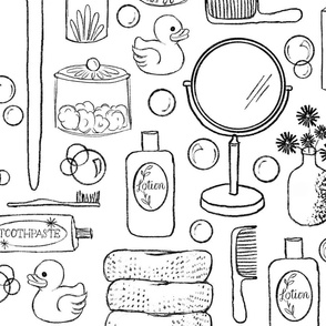 Bathroom Accessories -Black and White -Hand Drawn -Wallpaper -Large