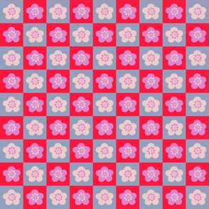 Sakura Checkerboard Japanese Cherry Blossom Flowers Square Geometric Checkered Grid in Red Lavender Purple Powder Blue Cream - TINY Scale - UnBlink Studio by Jackie Tahara