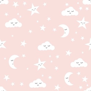 MEDIUM baby nursery fabric - sun moon stars pink